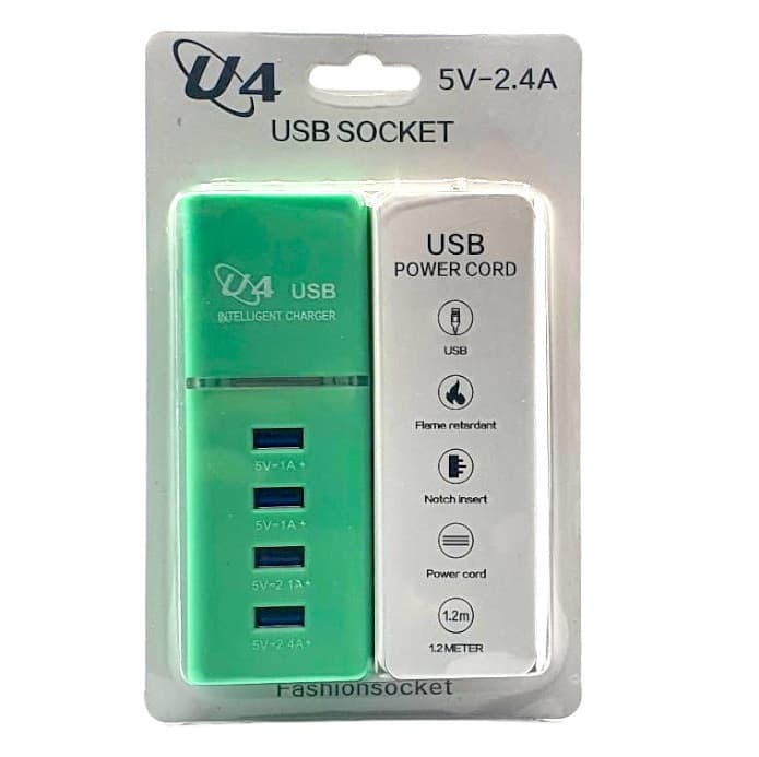 Incarcator casa U4, 4 porturi USB 5V - 2.4A, cablu prelungitor 1 metru, verde — varianta 2