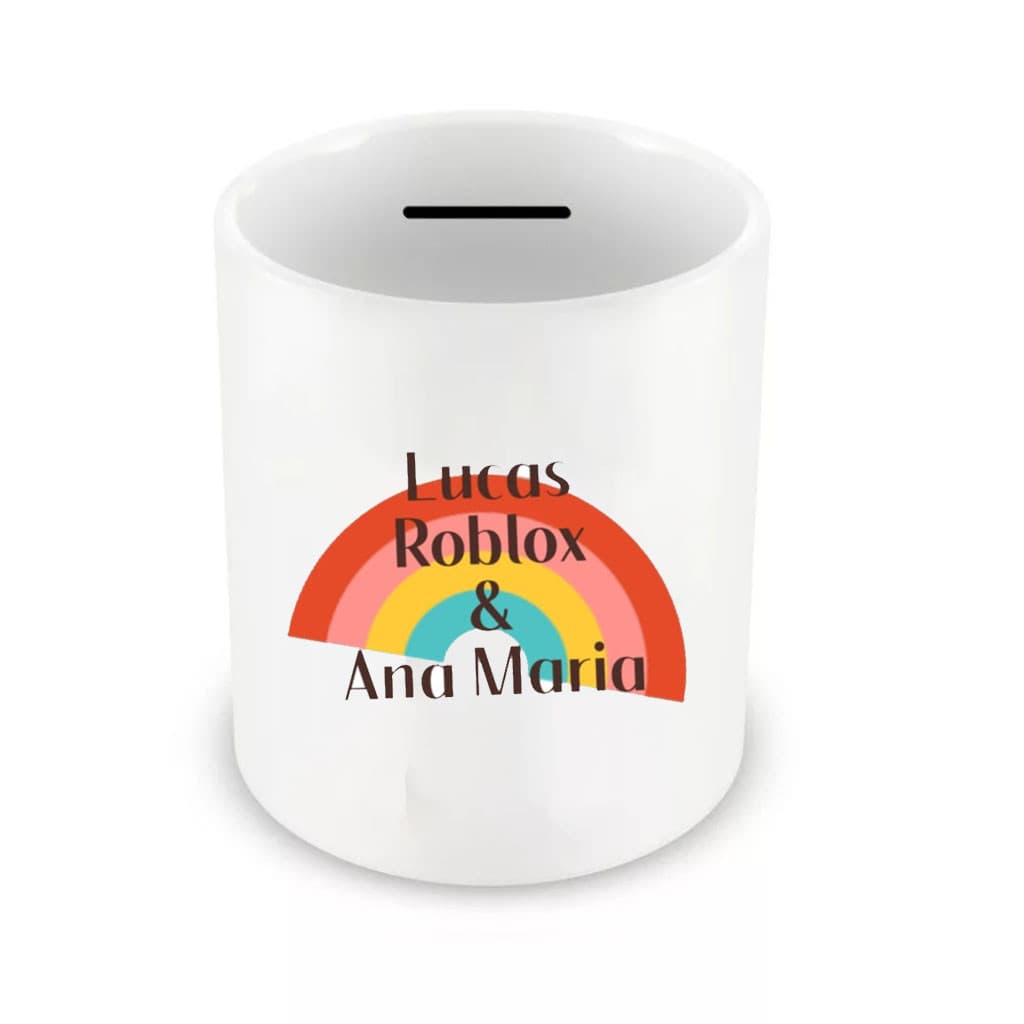 Pusculita ceramica logo Lucas Roblox si Ana Maria, 350 ml, alba — principală