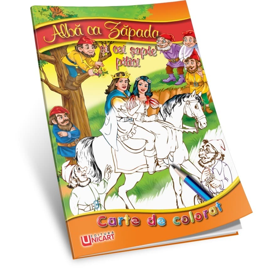 Carte de citit si colorat A5, editura Unicart, Alba ca zapada si cei sapte pitici — principală