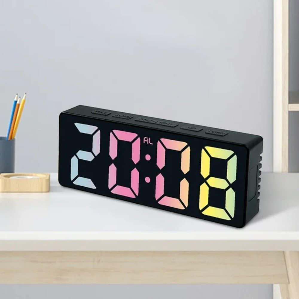 Ceas de masa digital LED DS-3806C, carcasa neagra si afisaj multicolor — 2