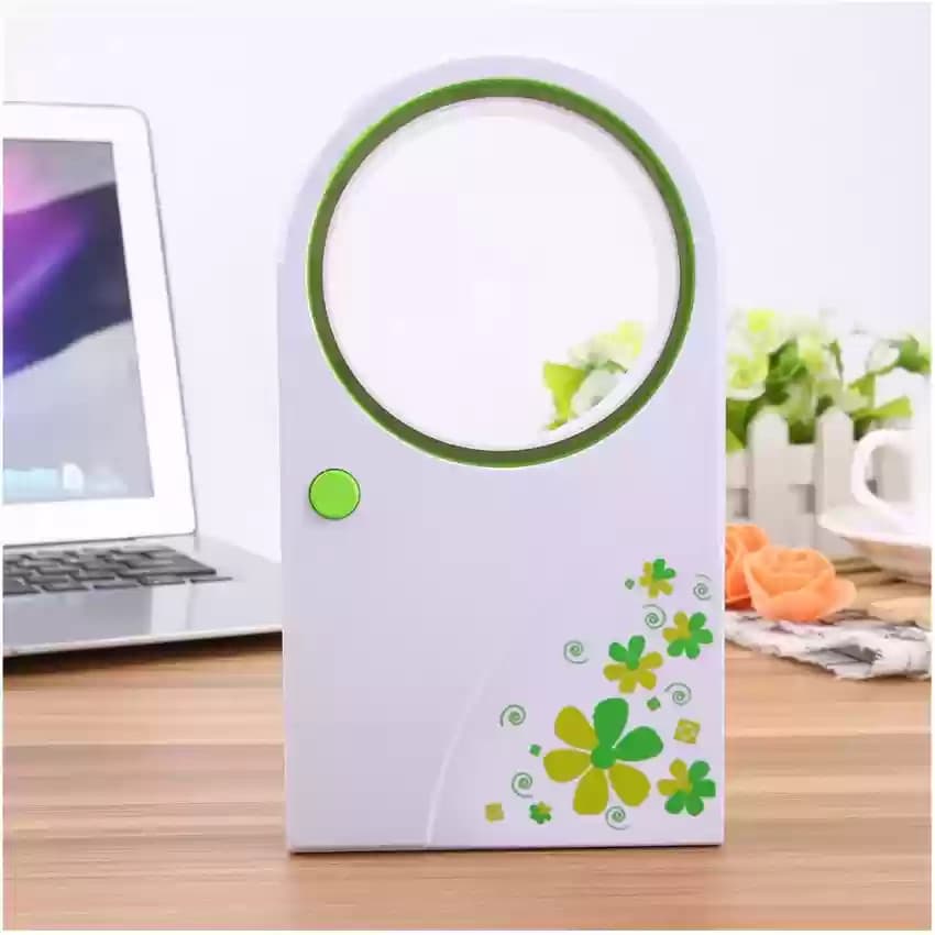 Mini ventilator portabil fara elice, alimentare USB sau baterii, alb/verde — principală