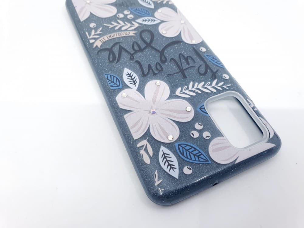 Husa Flowers Glitter pentru Samsung Galaxy S20 Ultra, cu mesaj, gri — varianta 3