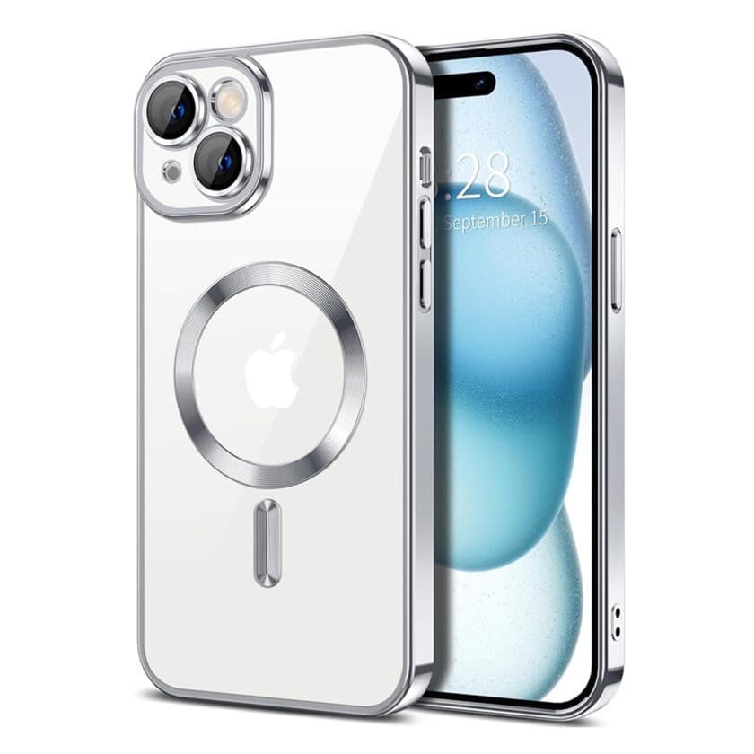 Husa Apple iPhone 15, Magsafe Electroplating TPU, protectie camera, margini argintii — principală