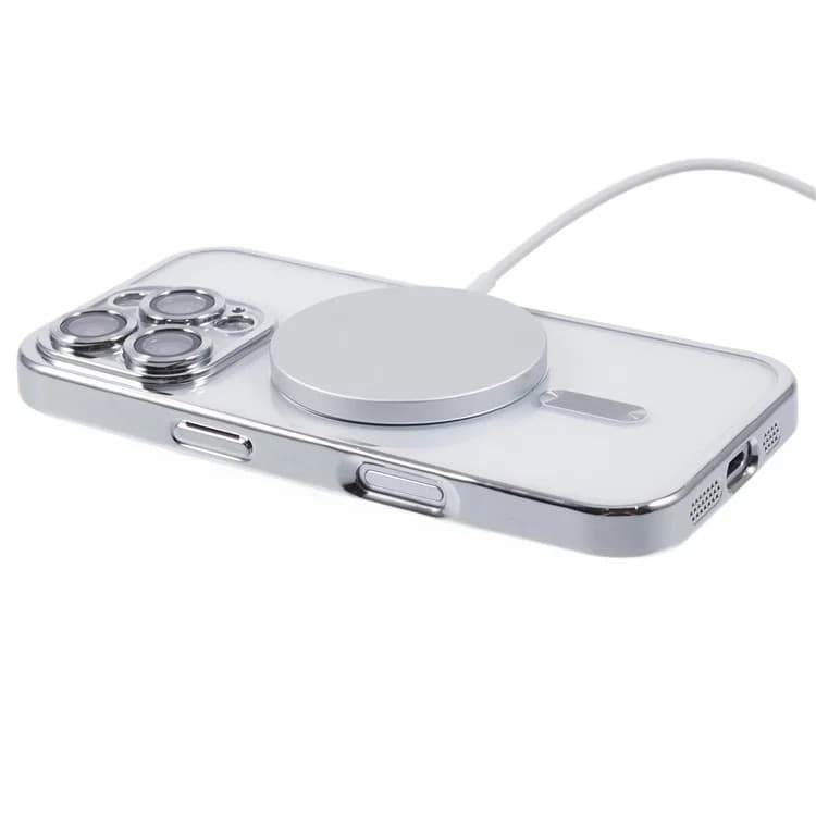 Husa Apple iPhone 14, Magsafe Electroplating TPU, protectie camera, margini argintii — varianta 2