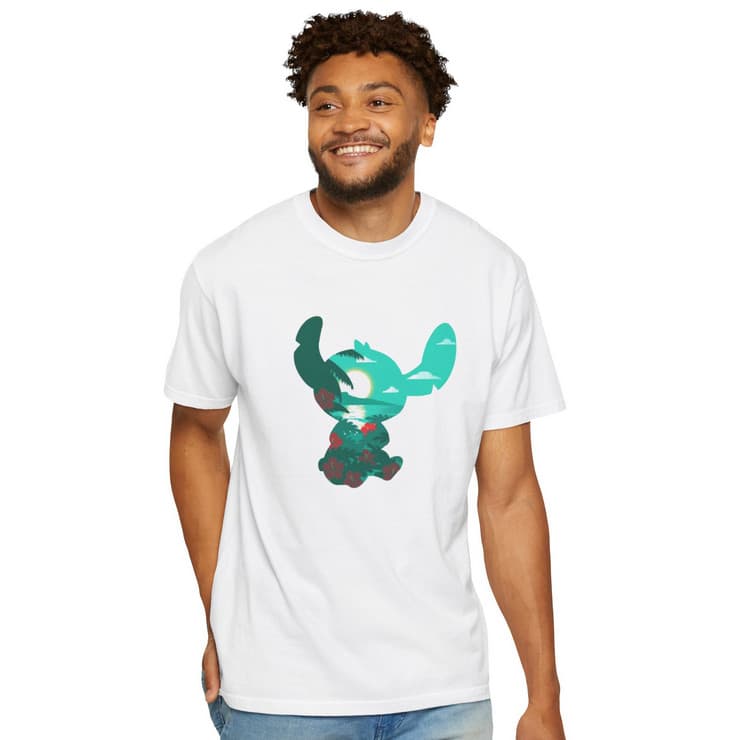 Tricou personalizat alb, copii/adulti, design Stitch Island, modal, diverse marimi — principală