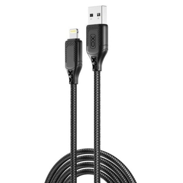 Cablu de date si incarcare Lightning (iPhone) XO NB235,  protectie textila, 1 metru, 2.4A, negru — principală