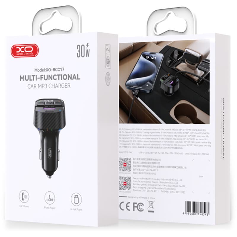 Modulator FM XO BCC17, BT 5.3, incarcare PD30W, 1 x USB-C, 1 x USB-A, mp3, negru — varianta 2