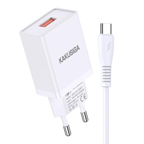 Incarcator casa Kakusiga KSC-781, cablu USB-C inclus, 18W, 2.4A, 1xUSB-A, QC 3.0, albe — principală