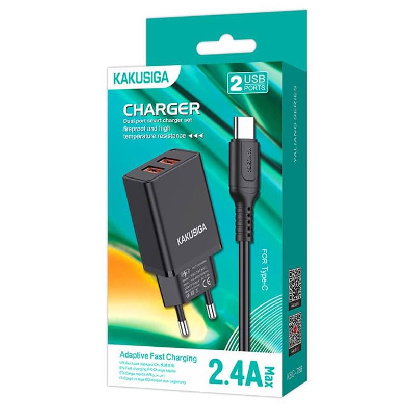 Incarcator casa Kakusiga KSC-781, 2 porturi USB, cablu USB-C inclus, 18W, negru