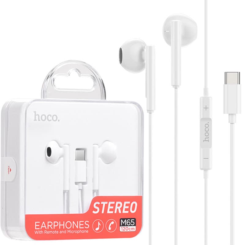 Casti audio cu microfon Hoco M65, conector Type C,  stereo, 1.2 metri, albe — principală
