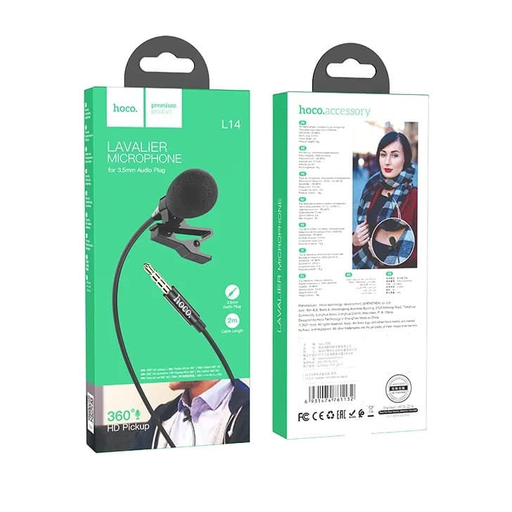 Microfon tip lavaliera cu clips HOCO L14, conector jack 3.5 mm, 2 metri, negru — 9