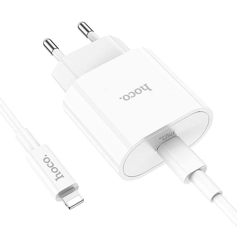 Incarcator casa Hoco C94A, 1 x USB-C PD 20W/3A, cablu Lightning inclus, incarcare rapida, albe — principală