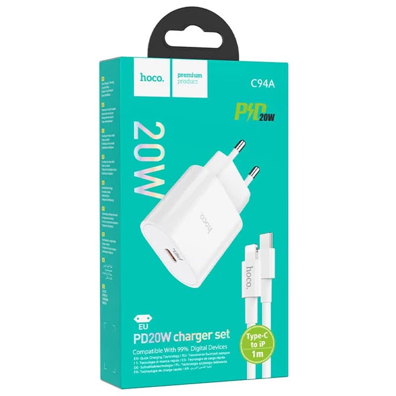 Incarcator casa Hoco C94A, 1 x USB-C PD 20W/3A, cablu Lightning inclus, incarcare rapida, albe — varianta 5