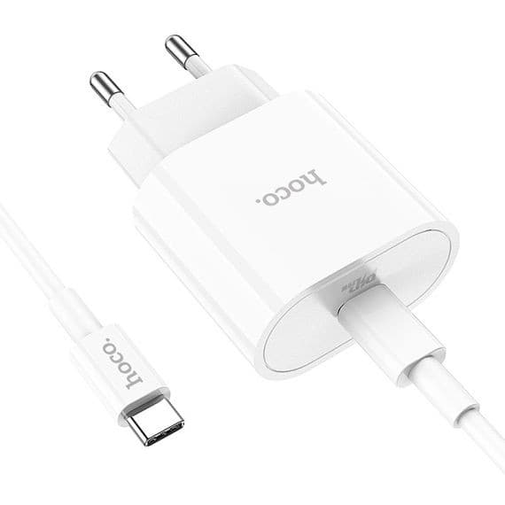 Incarcator casa Hoco C94A, 1 x USB-C PD 20W/3A, cablu Type-C inclus, incarcare rapida, albe — principală