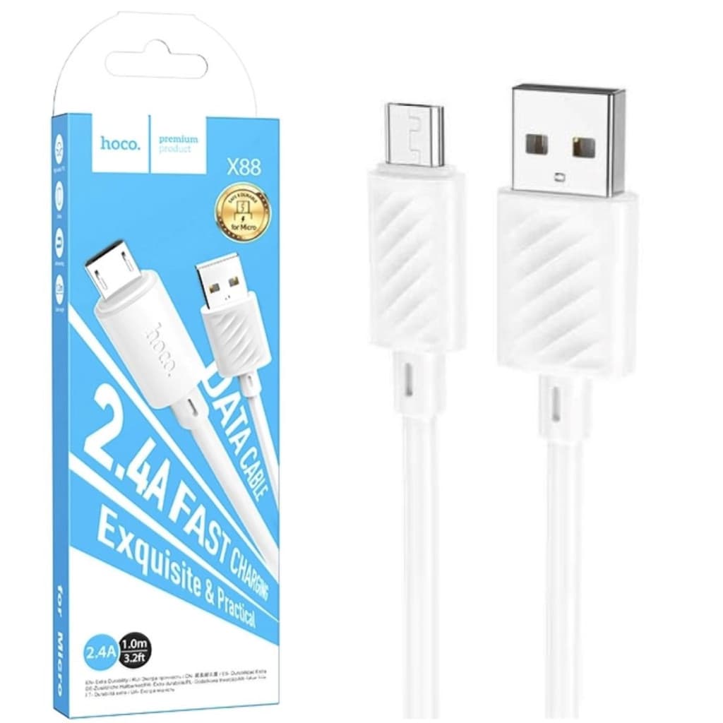 Cablu de date si incarcare MicroUSB Hoco X88, 18W/2.4A, 1 metru, alb — principală