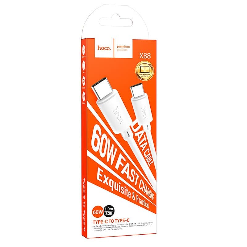 Cablu de date si incarcare Hoco X88, Type-C to Type-C, PD 60W, 3A, 1 metru, incarcare rapida, alb — 2
