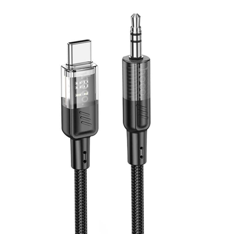 Cablu adaptor Hoco UPA27 Crystal Clear, AUX USB-C / 3,5 mm jack, protectie textila, negru — principală
