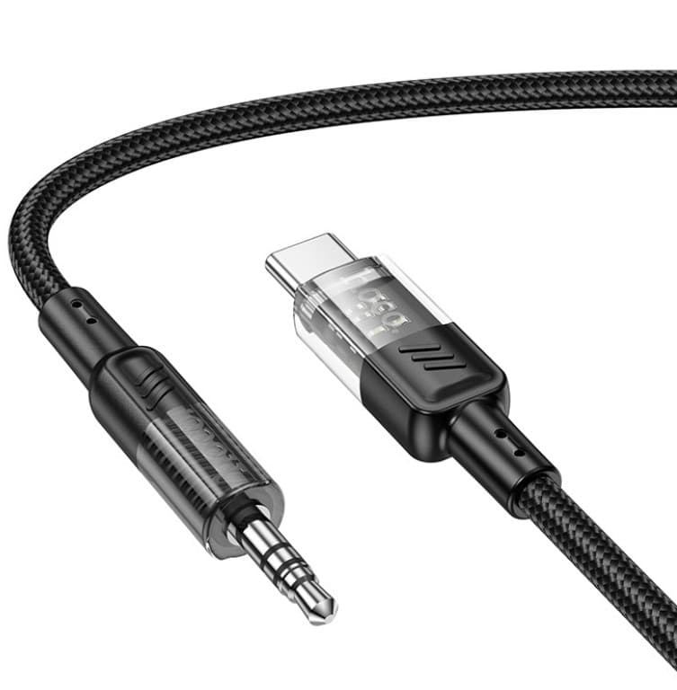 Cablu adaptor Hoco UPA27 Crystal Clear, AUX USB-C / 3,5 mm jack, protectie textila, negru — varianta 2
