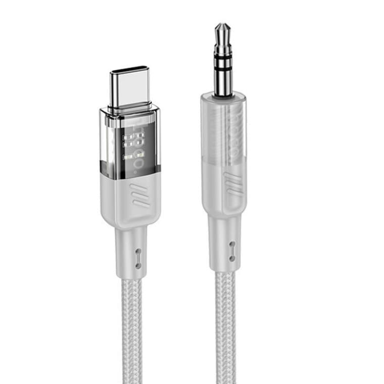 Cablu adaptor Hoco UPA27 Crystal Clear, AUX USB-C / 3,5 mm jack, protectie textila, gri — principală