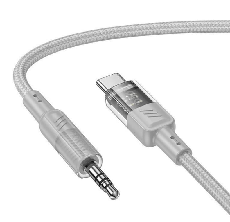 Cablu adaptor Hoco UPA27 Crystal Clear, AUX USB-C / 3,5 mm jack, protectie textila, gri — varianta 2