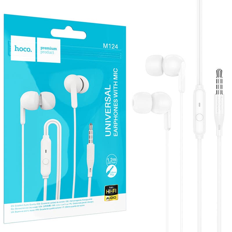 Casti audio cu microfon Hoco M124, conector jack 3.5 mm, cablu 1.2 m, albe — principală
