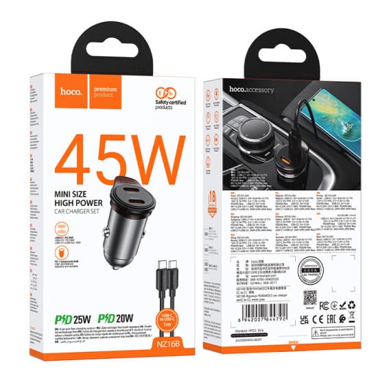 Set incarcator auto + cablu USB-C Hoco NZ16B, PD 45W, 2 x USB-C/PD, gri — varianta 2