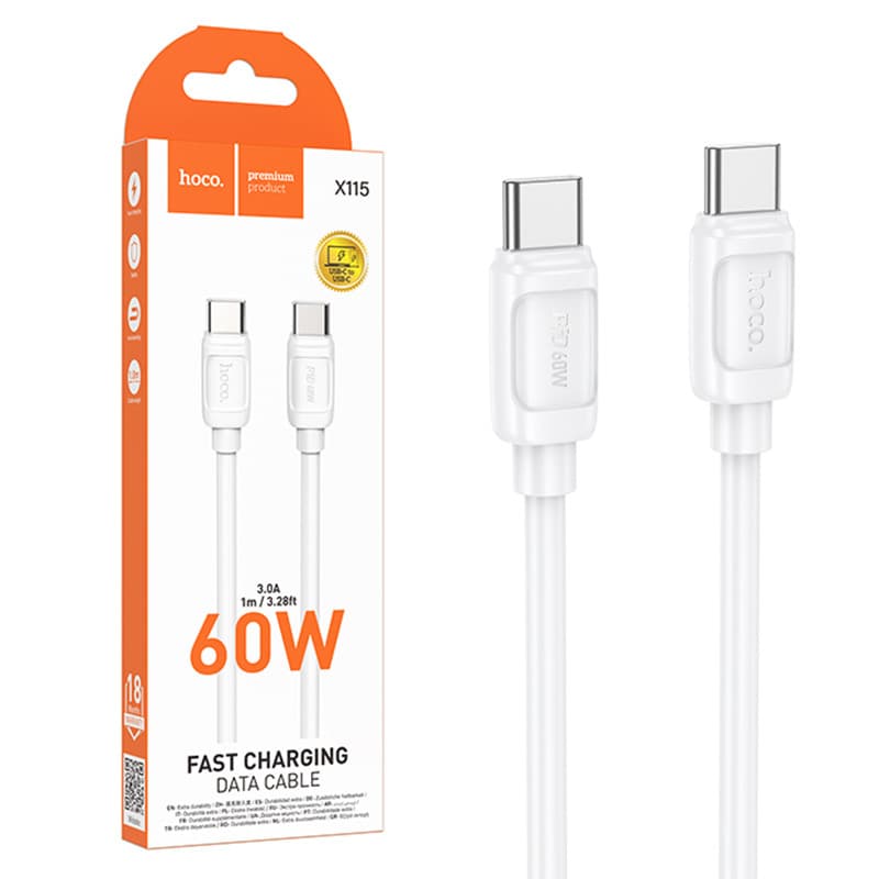 Cablu de date si incarcare Hoco X115, Type-C to Type-C, PD 60W, 3A, 1 metru, incarcare rapida, alb