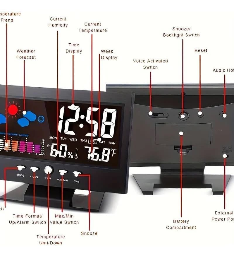 Statie meteo de interior IDK 8082T, ceas, alarma, umiditate, temperatura, afisare ora, data, LCD color, negru — 3