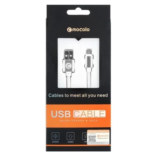 Cablu de date si incarcare MicroUSB Mocolo, 1 metru, 2.0A, cablu impletit, argintiu — principală