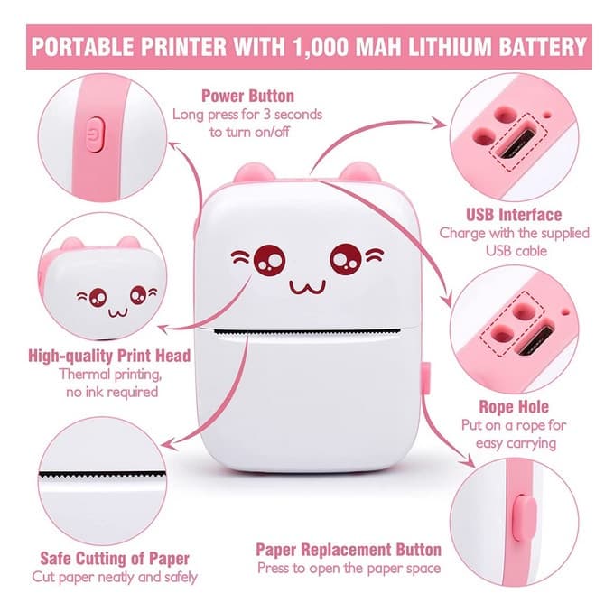 Mini imprimanta termica C9, compatibil iOS/Android, model pisicuta, turcoaz — varianta 2
