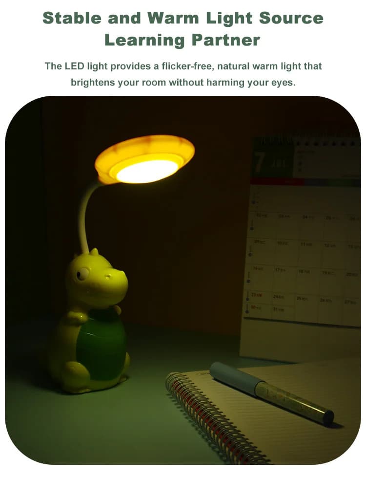 Lampa LED cu suport creioane si ascutitoare, functie lampa de veghe, dinozaur galben — varianta 4