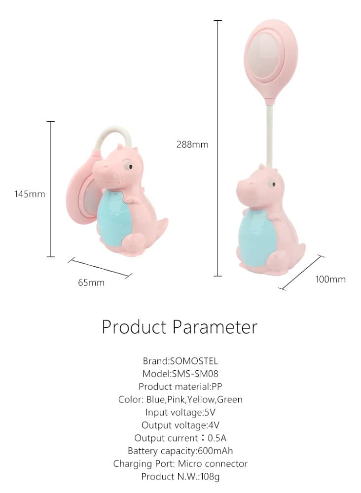 Lampa LED cu suport creioane si ascutitoare, functie lampa de veghe, dinozaur galben — varianta 9