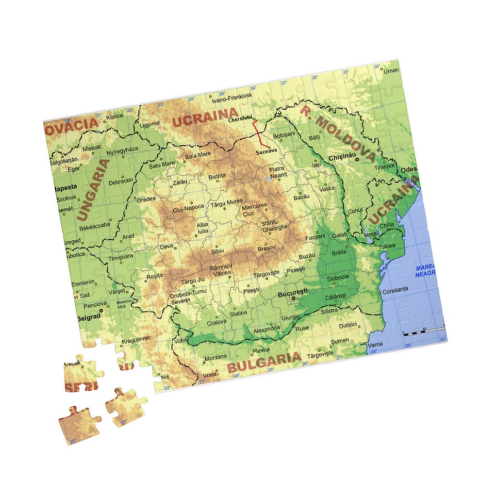 Puzzle 120 piese, 20 x 29 cm, carton alb perlat, harta Romaniei — principală