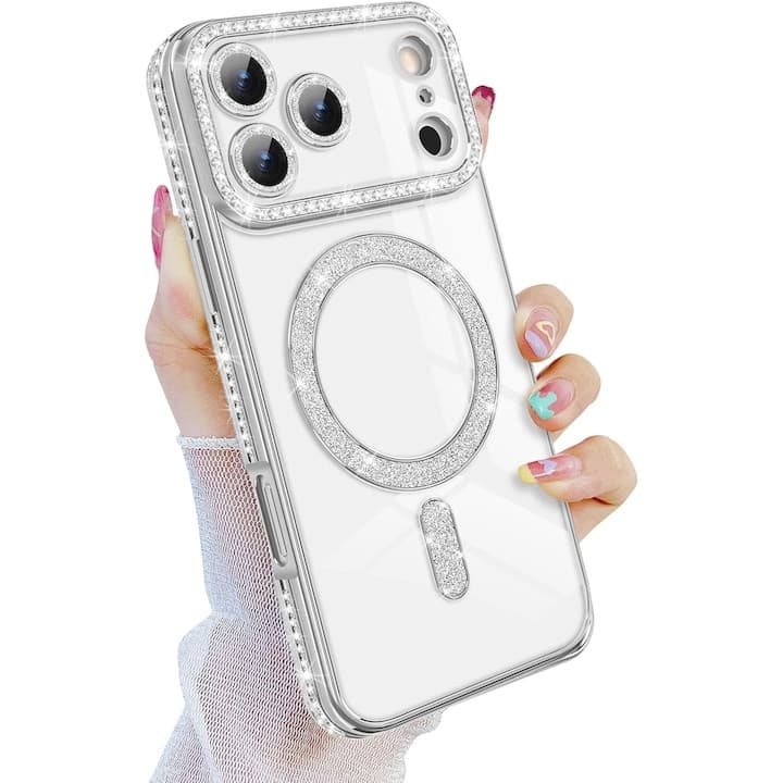 Husa Apple iPhone 17 Pro Max, Electroplating Bling Magsafe, protectie camera, margini argintii