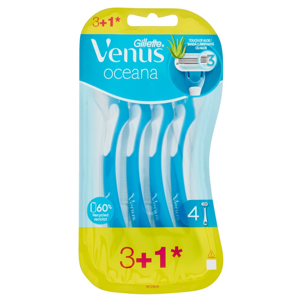 Set 4 aparate de ras Gillette Venus Oceana, 3 lame, banda lubrifianta cu aloe, alb/albastru — principală