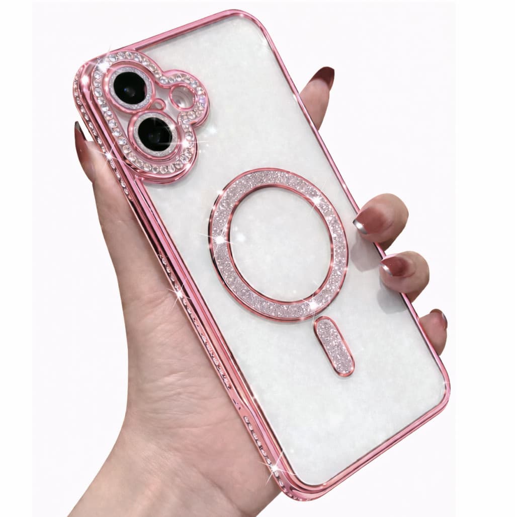 Husa Apple iPhone 16, Electroplating Bling Magsafe, protectie camera, margini roz — principală