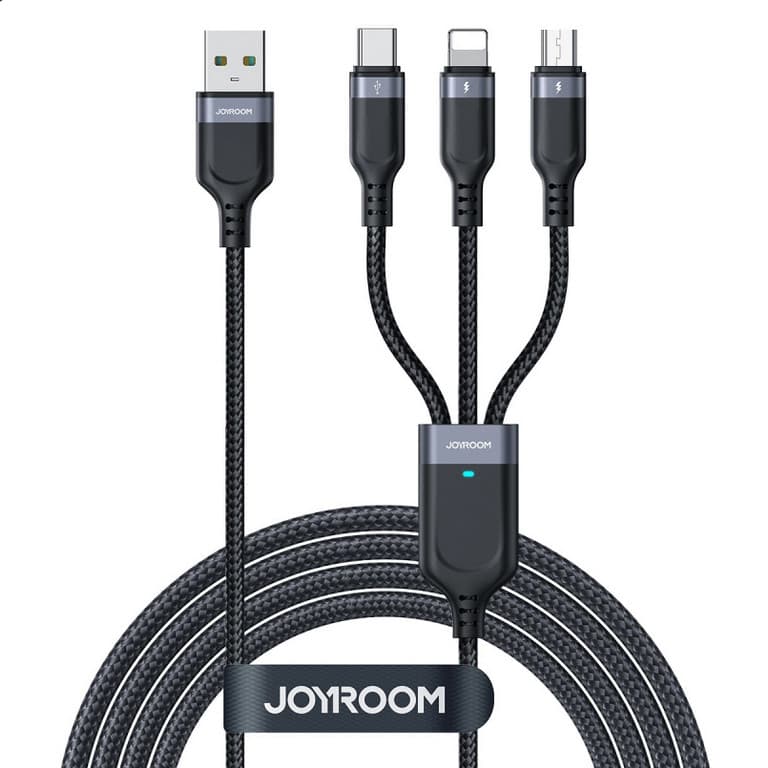 Cablu de incarcare Joyroom S-1T3018A18, 3 capete (Lightning, Type-C, MicroUSB), 18W/3.5A, 1.2 metri, negru — principală