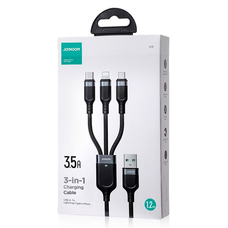 Cablu de incarcare Joyroom S-1T3018A18, 3 capete (Lightning, Type-C, MicroUSB), 18W/3.5A, 1.2 metri, negru — varianta 6