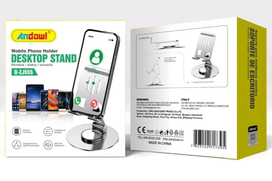 Suport birou Andowl Q-ZJ555, compatibil telefon sau tableta, universal, metalic, rotire 360 grade, argintiu — varianta 10