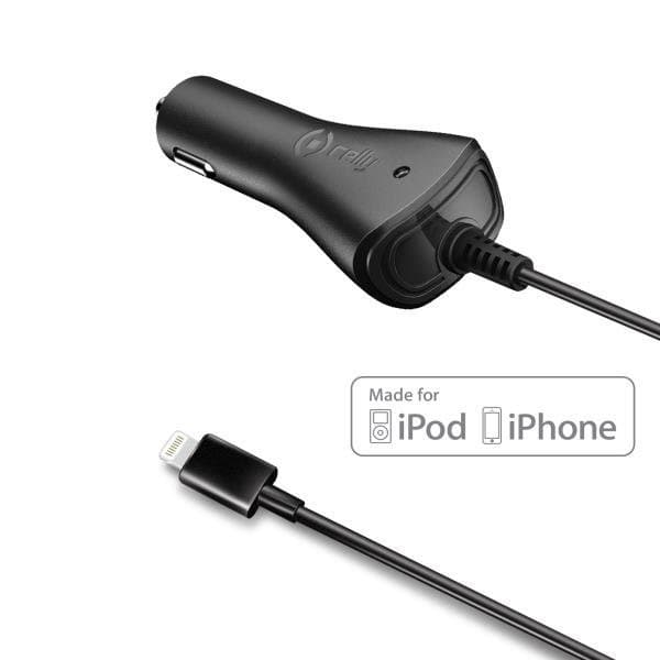 Incarcator auto Celly cu cablu Lightning, 1A, certificat MFI, negru — principală