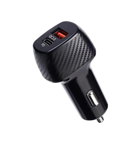 Incarcator auto cu 1 port PD/Type C si 1 port USB, maxim 3A, insertie aspect carbon, negru — principală
