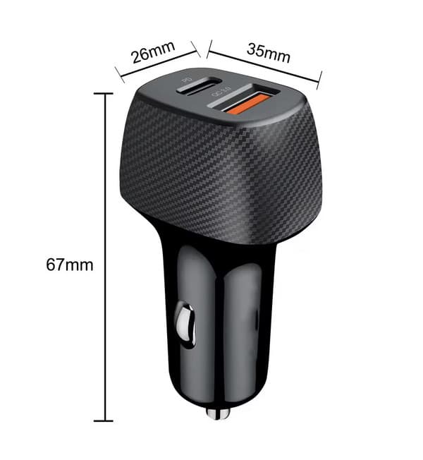 Incarcator auto cu 1 port PD/Type C si 1 port USB, maxim 3A, insertie aspect carbon, negru — varianta 2