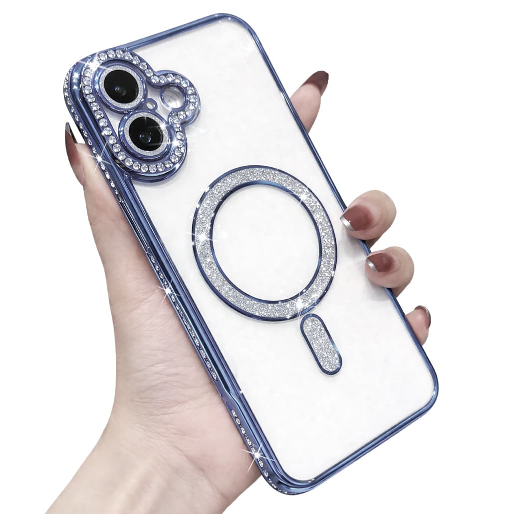 Husa Apple iPhone 16, Electroplating Bling Magsafe, protectie camera, margini albastre — principală