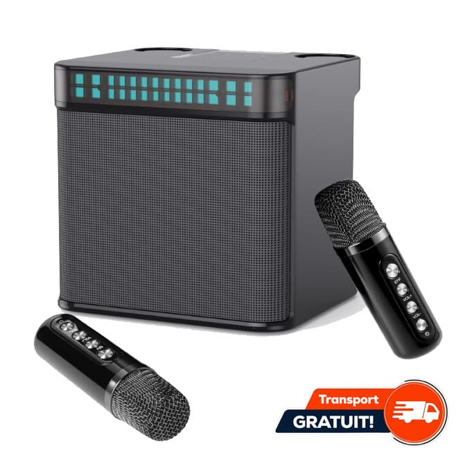 Set boxa si doua microfoane Karaoke HL-233, bluetooth, lumina RGB, functie efecte voce, 10W, negre