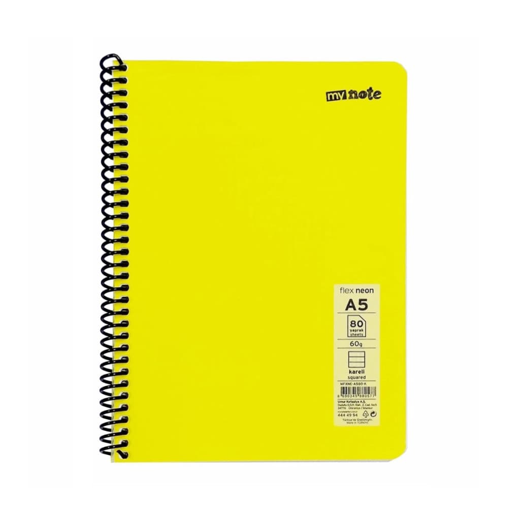 Caiet cu spirala A5, 80 file, My Note Flex Neon, dictando, coperta PP galbena — principală