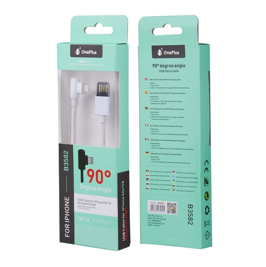 Cablu de date si incarcare Lightning (iPhone) OnePlus, conector la 90 grade, 2A, 1 metru, alb — varianta 2