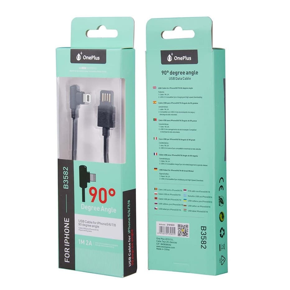 Cablu de date si incarcare Lightning (iPhone) OnePlus, conector la 90 grade, 2A, 1 metru, negru — varianta 2