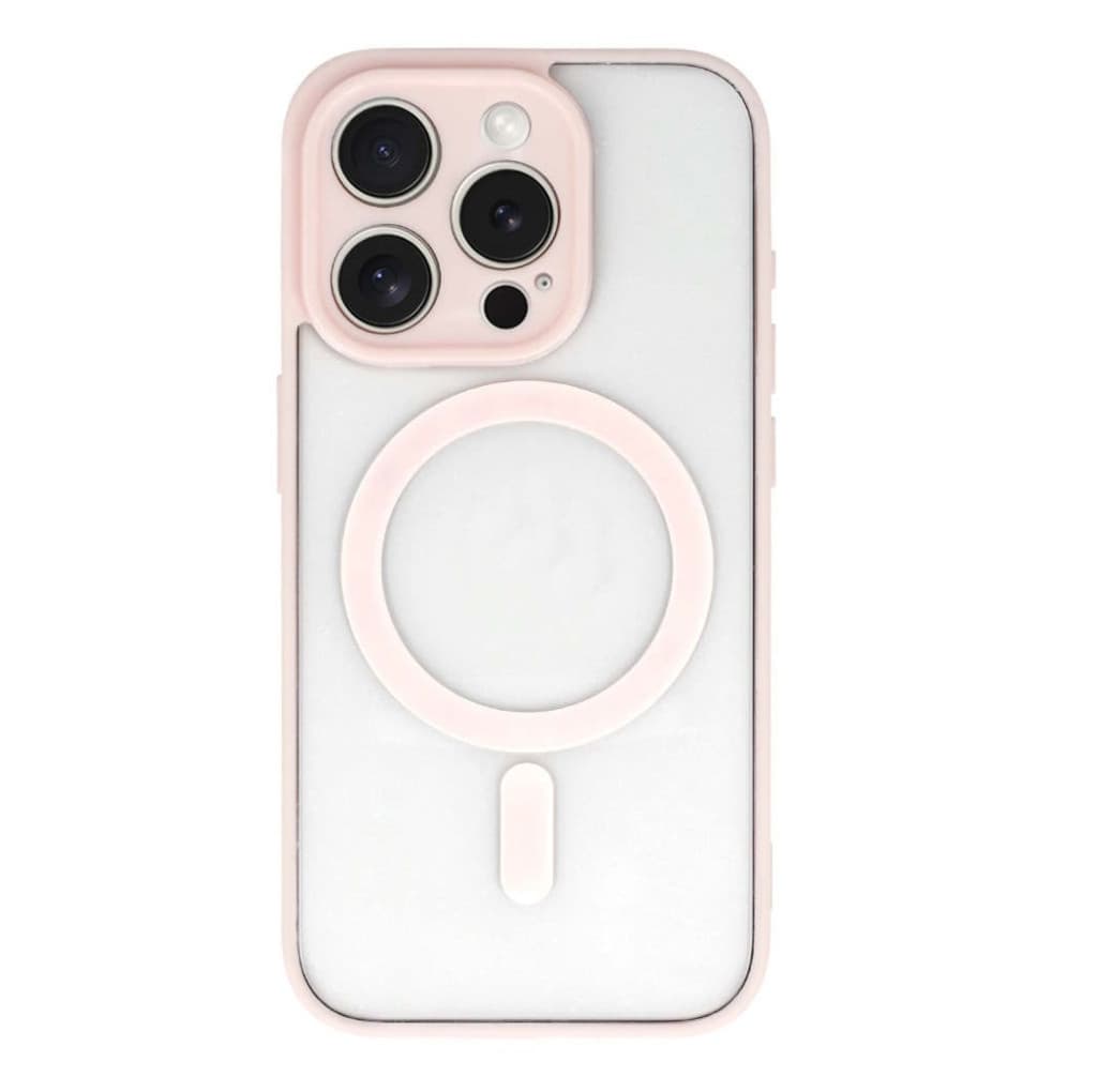 Husa Apple iPhone 15, Magsafe Colorful, spate transparent acryl, margini TPU roz — principală