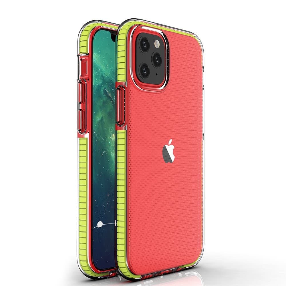 Husa Spring Case pentru Apple iPhone 12 Mini, TPU transparent cu margini galbene — principală