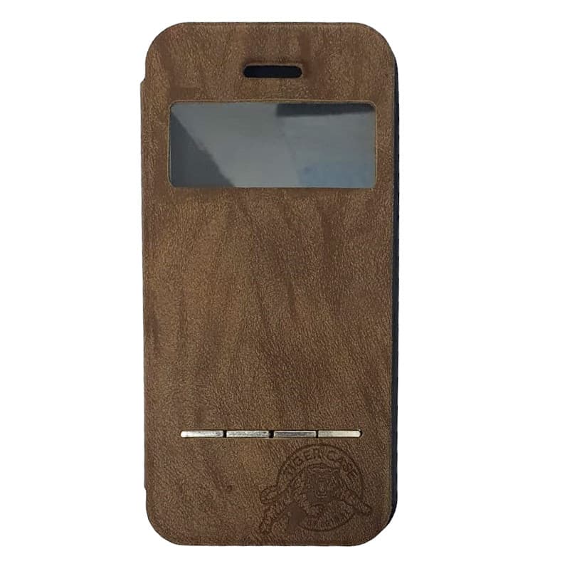 Husă protectie Apple Iphone 5/5S/SE, Tiger Case, tip carte, fereastra notificari, maro deschis — principală
